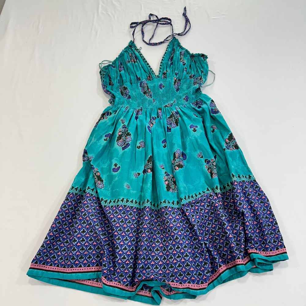 Angie Floral Halter Smocked Mini Dress Womens Medium Teal Boho | Festival